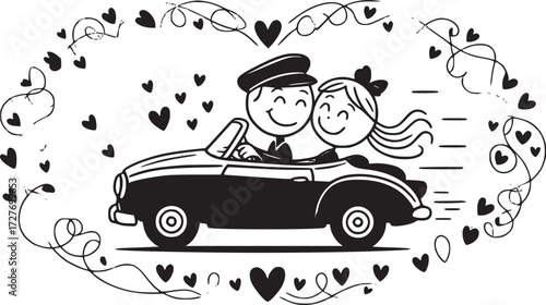 Driving Towards Forever: A stick figure couple embarks on a romantic journey in a classic convertible, surrounded by hearts that symbolize love and affection.