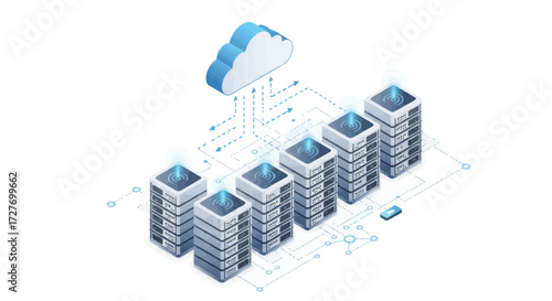 Isometric Cloud Computing and Data Center Network Illustration.