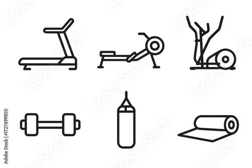 Minimalist home gym equipment icons: treadmill, rower, bike, dumbbell, punching bag, yoga mat