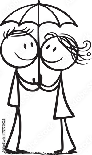 Eternal Embrace: A loving couple, depicted in a charming illustration, finds solace and togetherness under the sheltering canopy of an umbrella.