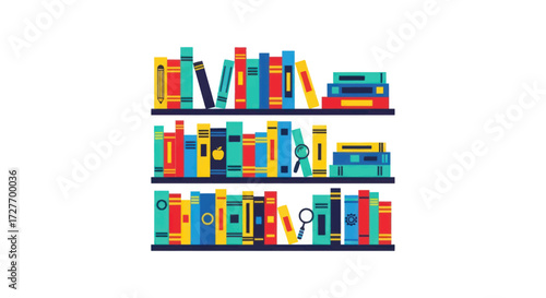 Colorful Books on Multiple Shelves in a Library.