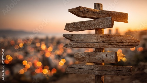 Rustic wooden directional signs stand against a backdrop of a city at sunset, suggesting choices and possibilities.