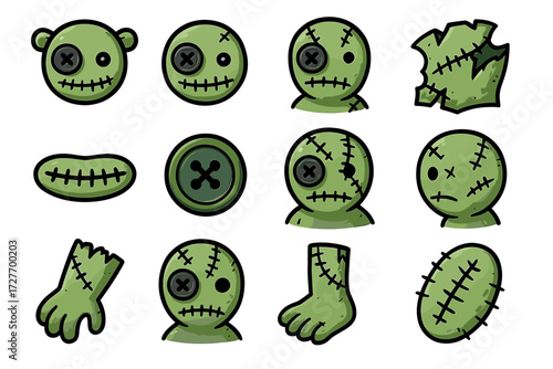 Collection of green zombie icons with stitches and button eyes