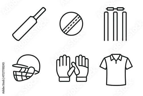 Cricket equipment icons set: bat, ball, wickets, helmet, gloves, shirt