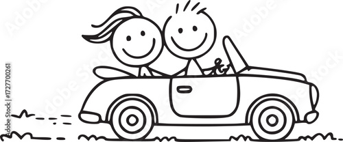 Couple's Road Trip: Animated figures, a couple in love, cruising in a stylish convertible, embodying freedom and the spirit of adventure.