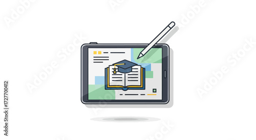 Online Education Tablet with Stylus Book and Graduation Cap Icon.