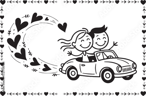 Love's Journey: A hand-drawn illustration depicts a joyful couple embarking on a romantic adventure in a classic convertible, with hearts tracing their path, framed by a charming border.