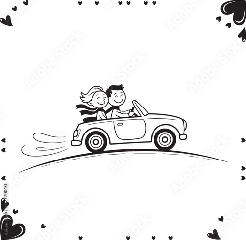 Joyful Couple Driving in a Car: A joyful couple embarks on a romantic road trip adventure in a classic convertible, hand-drawn illustration style, celebrating love and connection.