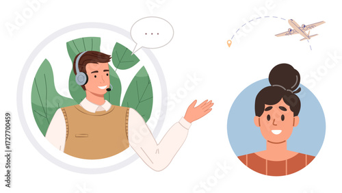 Man with headset helping a customer via online support. Airplane flying, showing travel assistance. Ideal for customer service, travel, communication, help desk, call center, tourism simple flat