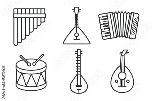 Outline illustrations of traditional musical instruments: pan flute, balalaika, accordion, drum, mandolin, oud