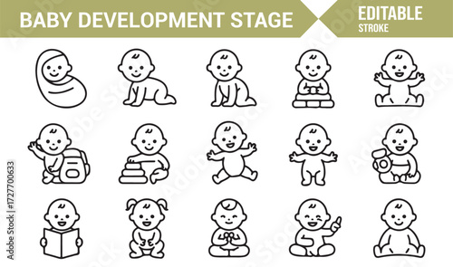 Editable vector line icons of baby activities, learning, and playing