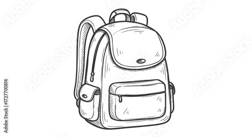 Hand-drawn black and white backpack illustration with pockets.