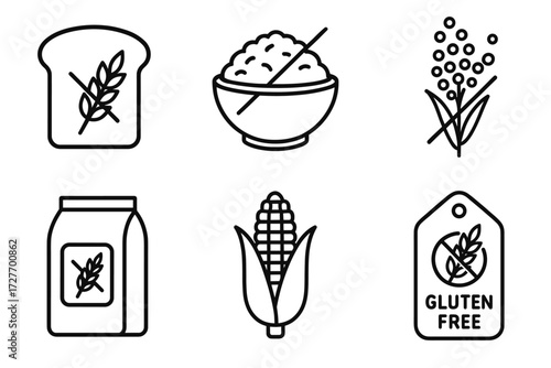 Gluten-free icons: bread, rice, grains, corn, and label symbols in black and white