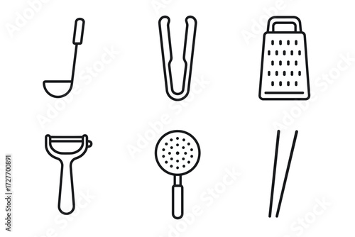 Set of minimalist cooking utensil icons: ladle, tongs, grater, peeler, skimmer, chopsticks