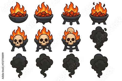 Cartoon fire and smoke animation set with skulls and cauldrons