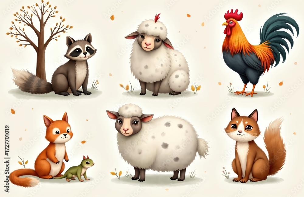 Fototapeta premium Cute watercolor art featuring six animals raccoon, sheep, rooster, fox, lizard, cat. These charming creatures are depicted in simple, friendly style, perfect for children themes, educational content.