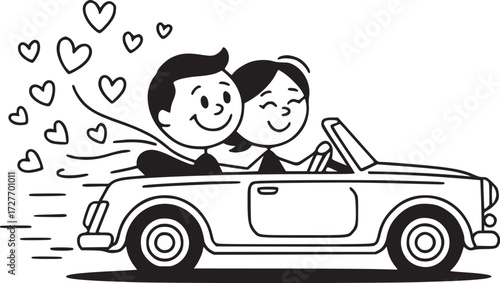 Road of Affection: A cartoon captures a loving pair in a vintage convertible car, hearts trailing behind them, symbolizing a joyous journey of love and companionship.