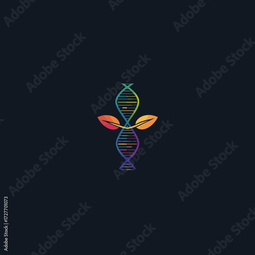 Colorful double helix intertwined with leaves, central on a dark background