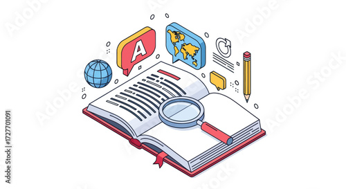 Open Book with Magnifying Glass and Educational Icons.