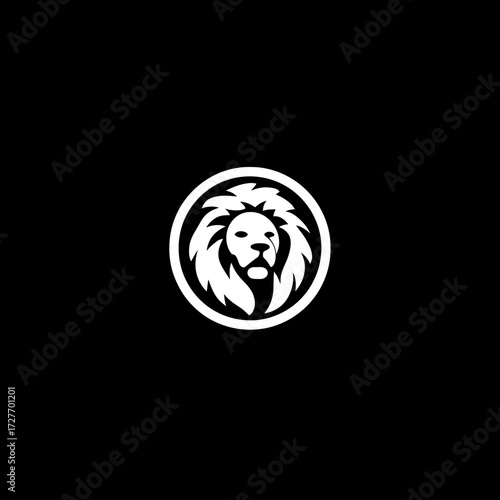 A simplified white lion head enclosed in a white circle, on a black background