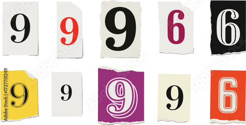 Number Collage Nine and Six in Assorted Fonts and Colors on Torn Paper