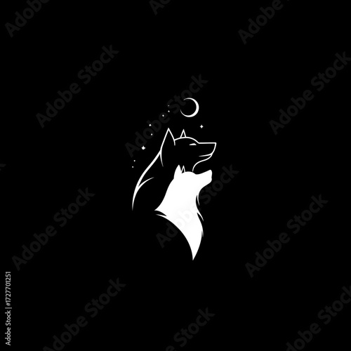 Two abstract white wolves howling at a crescent moon and stars, isolated on black