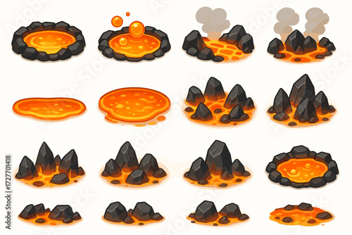 Collection of cartoon volcanic lava pools and rocks