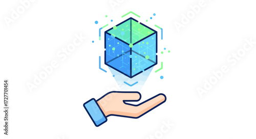 Hand holding a glowing holographic cube with digital particles.