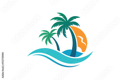 Two green palm trees stand above gentle ocean waves under the warm sun
