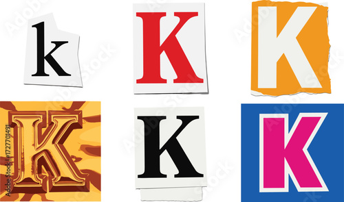 Torn Paper Style A Collage of Letter 'K' Designs in Various Fonts and Colors