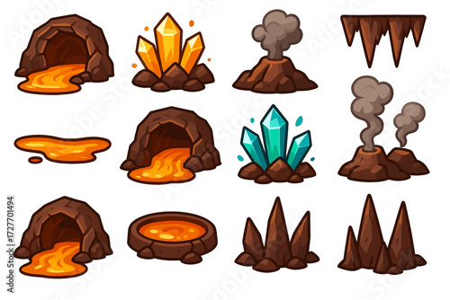 Cartoon volcano and crystal elements with lava streams