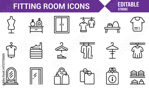 Fitting room icon set in minimal line style for boutique and retail graphics