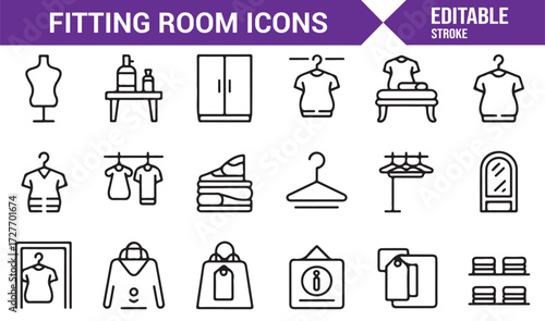 Dressing room vector illustrations of clothing racks, mirrors, and benches