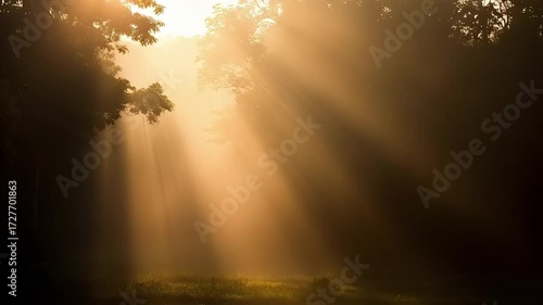 Sunbeam Rays Breaking Through the Forest Canopy During Sunrise with People and Bicycles