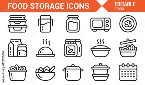 Vector line icons of food storage equipment for meal prep and preservation