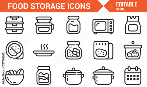 Outline icons of food jars, containers, and cookware for kitchen design