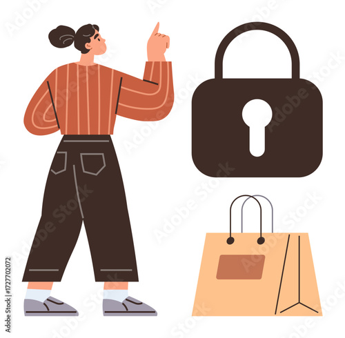 Woman gestures upward alongside a secure padlock and shopping bag. Ideal for e-commerce, online shopping, cybersecurity, data protection, user trust, retail security, and consumer awareness. Simple