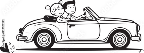 Romantic Drive: A joyful couple enjoys a carefree drive in a classic convertible car, symbolizing freedom, togetherness, and adventure. 