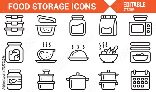 Editable vector food storage symbol set of pots, dishes, and jars