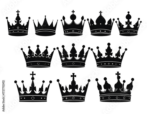 Diverse regal crown silhouettes, royal emblems, vintage monarchy symbols