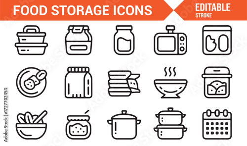 Minimal vector icons of kitchen storage items for meal prep and cooking