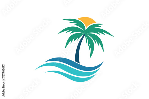Sunlight illuminates a tropical palm tree rising above gentle blue ocean waves on island