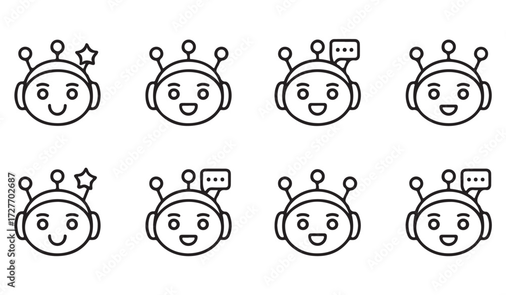Obraz premium Outline icons of cute robot heads displaying emotions like happiness, shock, and communication for digital design