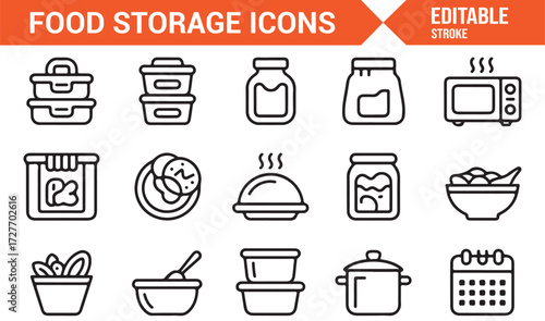 Food container outline icons pack with jars, pots, and packaging graphics