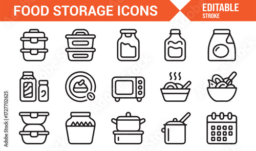 Vector icon collection of meal prep, cooking, and food preservation symbols