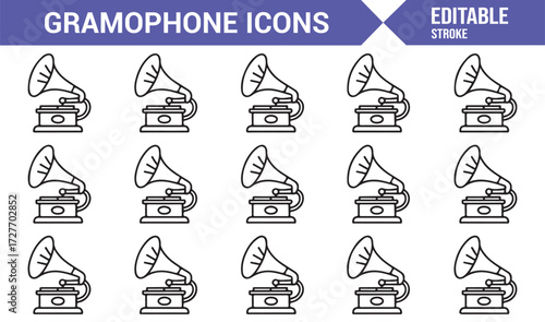 Gramophone vector icon pack showing antique phonographs in minimal line art