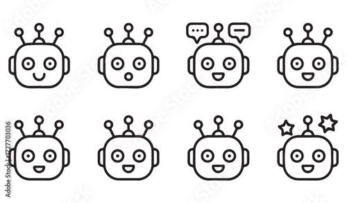 Collection of outline robot faces with multiple emotions including joy, surprise, and chat for AI and chatbot interface design