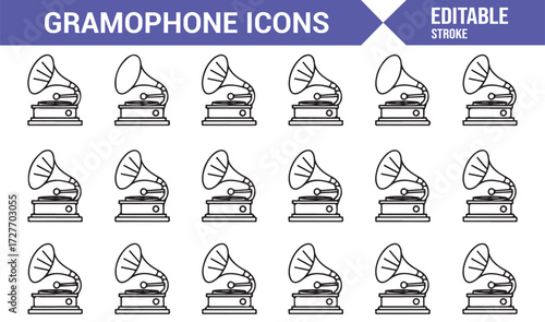 Vector gramophone icons set for retro record players and historic devices