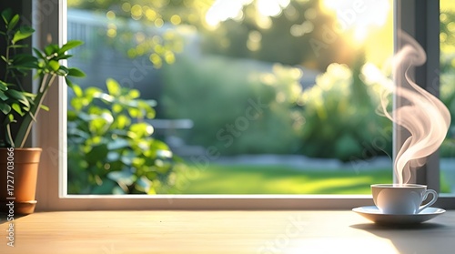 Clean wooden desk with potted green plant and steaming teacup on the sides