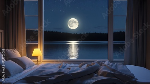 Bedroom interior in the night with moonlight reflection over calm lake 